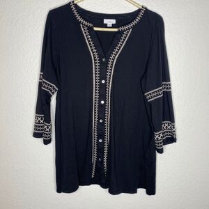 J Jill quarter sleeve button up blouse top boho stretch embroidered tencel M